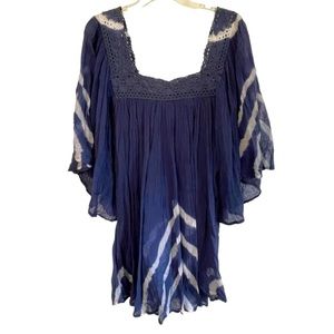 Raviya Boho Peasant Blouse, Gauzy Dark Blue and White, Flowy Wide Sleeves, Large